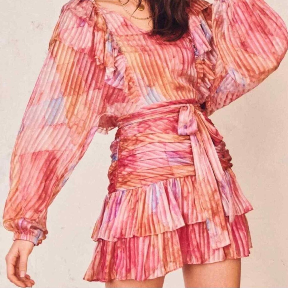 Loveshack Fancy Pleated Moxie Rainbow Cloud Pink Mini Silk dress!!!! Size 0